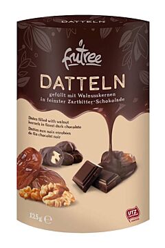 Datle plnené vlašskými orechmi v horkej čokoláde čerstvo vyrobené a balené priamo z baliarne Frutree