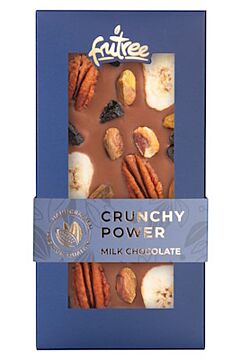CRUNCHY POWER - mliečna čokoláda, banán, pistácie, višne, pekan čerstvo vyrobené a balené priamo z baliarne Frutree