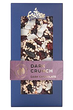 DARK CRUNCH - horká čokoláda s višňami, brusnicami, lieskovcami a kokosom čerstvo vyrobené a balené priamo z baliarne Frutree