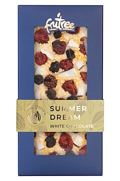 SUMMER DREAM - biela čokoláda, jahody, čučoriedky, kokos, mučenka čerstvo vyrobené a balené priamo z baliarne Frutree
