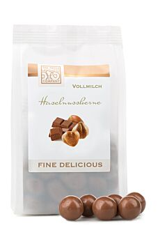 Fine Delicious - lieskové orechy v mliečnej čokoláde čerstvo vyrobené a balené priamo z baliarne Frutree