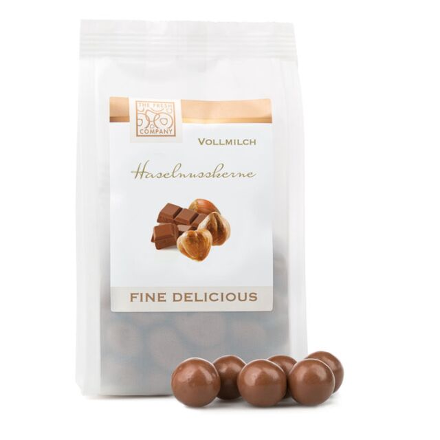 Fine Delicious - lieskové orechy v mliečnej čokoláde čerstvo vyrobené a balené priamo z baliarne Frutree